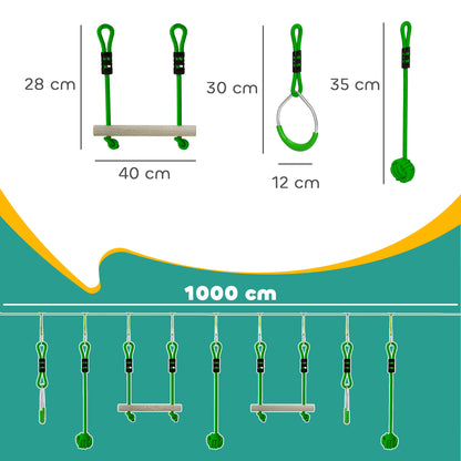 AIYAPLAY 3 Piece Kids Zip Line Kit for Garden, 10m Kids Slackline Kit with Wooden Monkey Bars, Metal Rings, Gripping Balls, Green