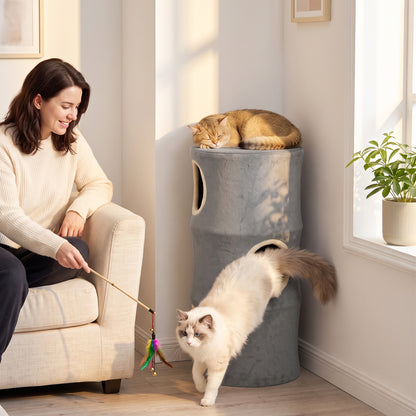 4-Tier Cat Tower | Grey Indoor Cat Condo with Washable Plush Cover, Cubbies & Climbing Levels | 6kg