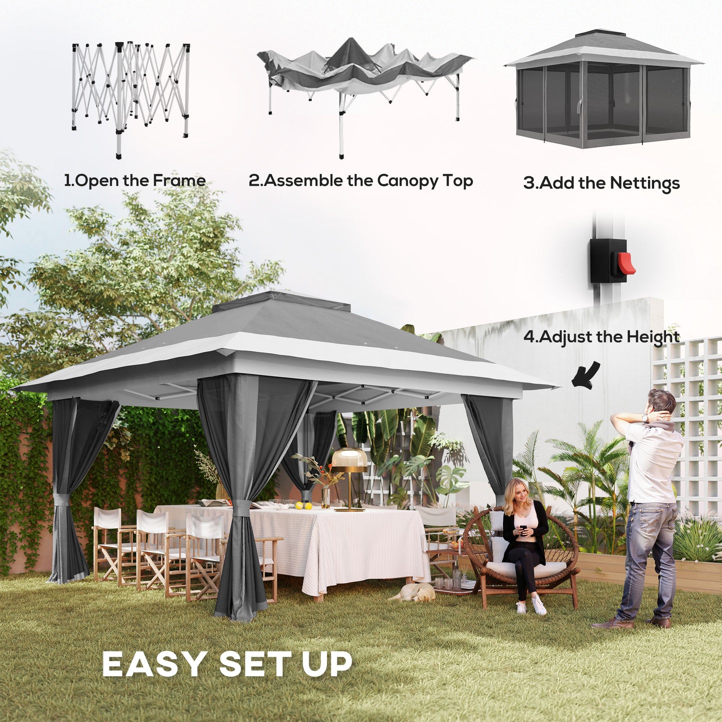 3.6x3.6m Pop Up Gazebo | UPF50+ Canopy | Removable Mesh Walls | 8 Drainage Holes | 3 Height Settings | Windproof Level 4-5 | Snow Rated | Sandbags Guy Ropes Ground Stakes | Wheeled Bag | Shades 8-12 People | Grey