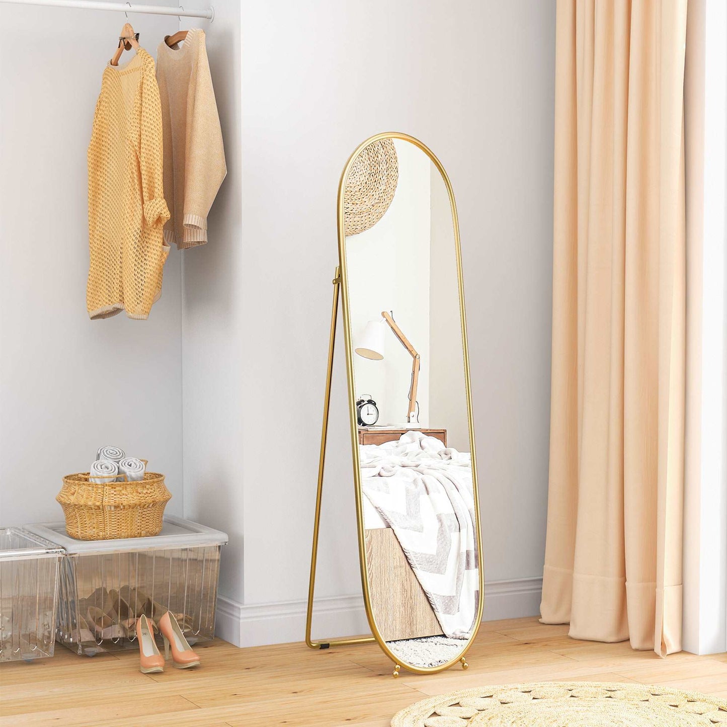 40 x 160cm Full Length Mirror, Floor Standing, Wall-Mounted or Leaning Against Wall Tall Mirror with Support Frame, Oval Full Body Mirror for Bedroom, Living Room, Gold Tone