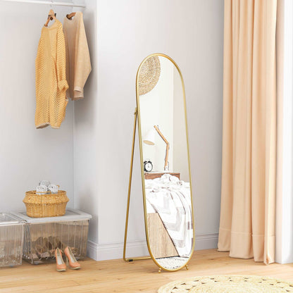 40 x 160cm Full Length Mirror, Floor Standing, Wall-Mounted or Leaning Against Wall Tall Mirror with Support Frame, Oval Full Body Mirror for Bedroom, Living Room, Gold Tone
