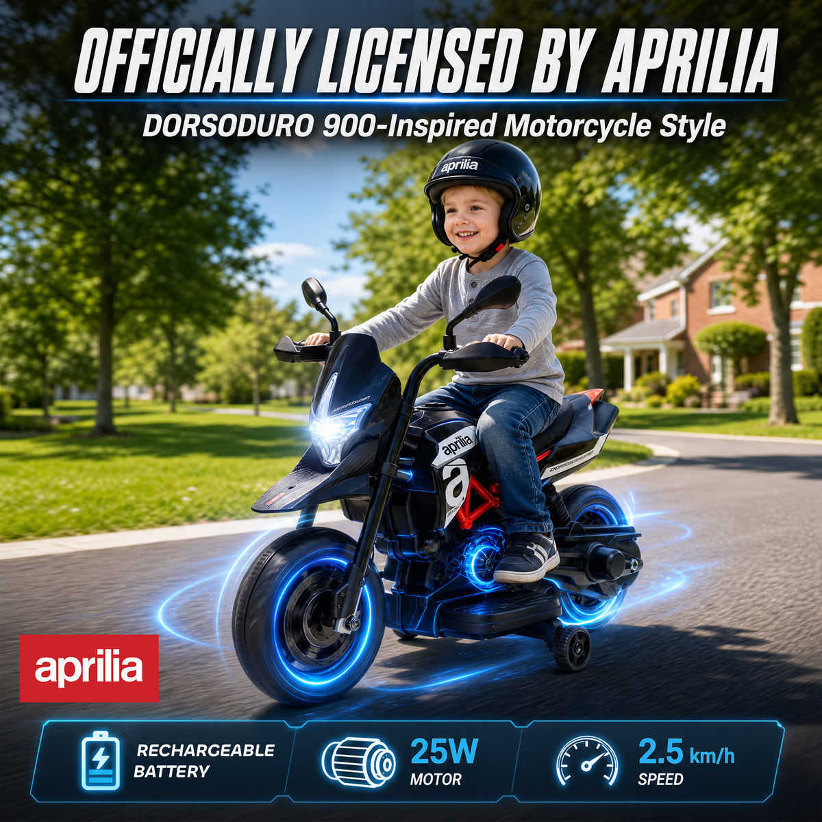 AIYAPLAY Licensed Aprilia 6V Kids Electric Motorbike | Removable Training Wheels | Headlight, Music & Horn | Forward & Reverse | Black | 18 Months–4 Years