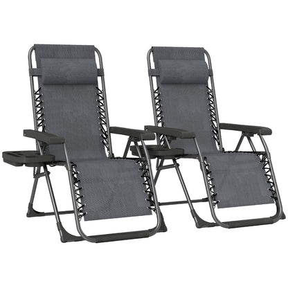 Set of 2 Zero Gravity Folding Sun Loungers | Reclining | Headrest & Tray | Dark Grey