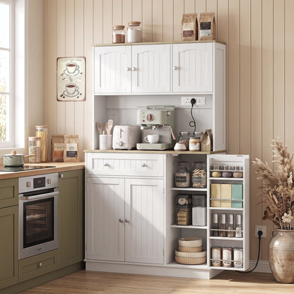 173cm Tall Kitchen Cupboard | Charging Station | Pantry Storage Cabinet | Adjustable Shelves | 4 Door Racks | White