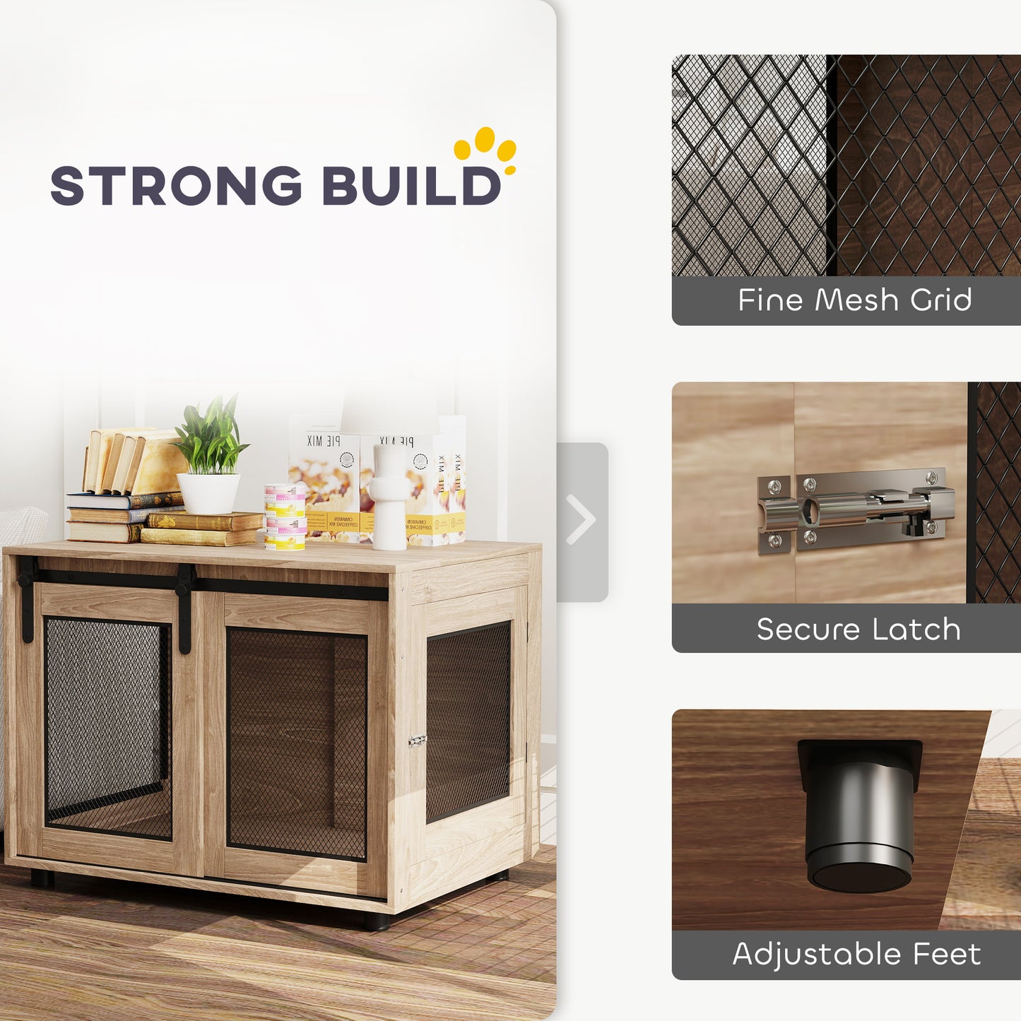 Dog Crate Furniture Side Table | Barn Door & Side Door | 3-Sided Ventilation | Medium Dogs up to 20kg | 80 x 58.5 x 63cm | Walnut Brown