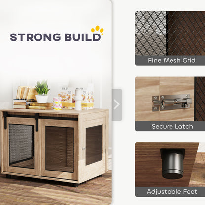 Dog Crate Furniture Side Table | Barn Door & Side Door | 3-Sided Ventilation | Medium Dogs up to 20kg | 80 x 58.5 x 63cm | Walnut Brown