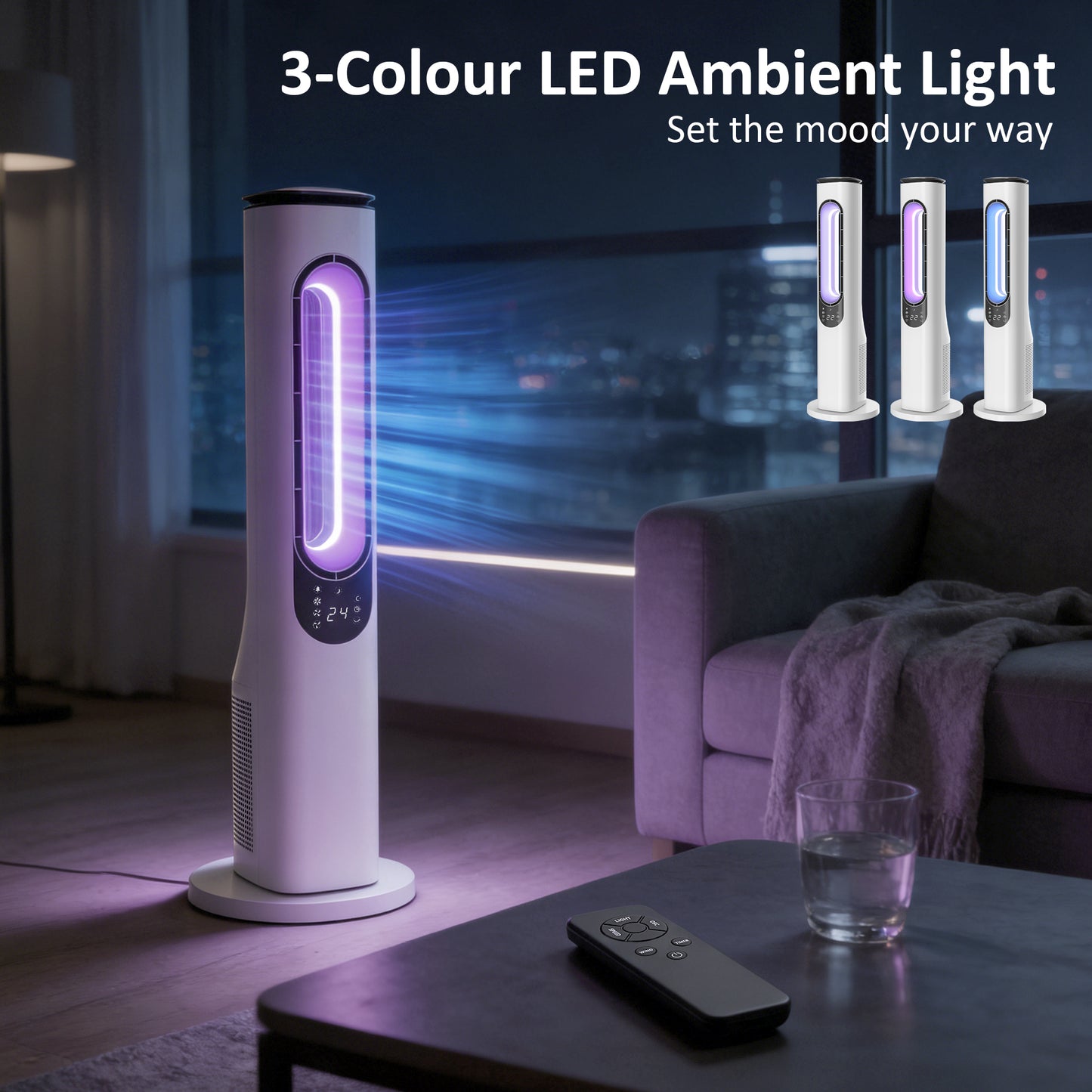 Bladeless Tower Fan | 35dB Sleep Mode | 50° Oscillation | 3-Colour LED | 15hr Timer | Remote | White