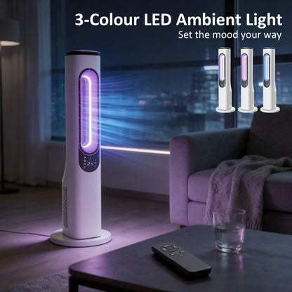 Bladeless Tower Fan | 35dB Sleep Mode | 50° Oscillation | 3-Colour LED | 15hr Timer | Remote | White