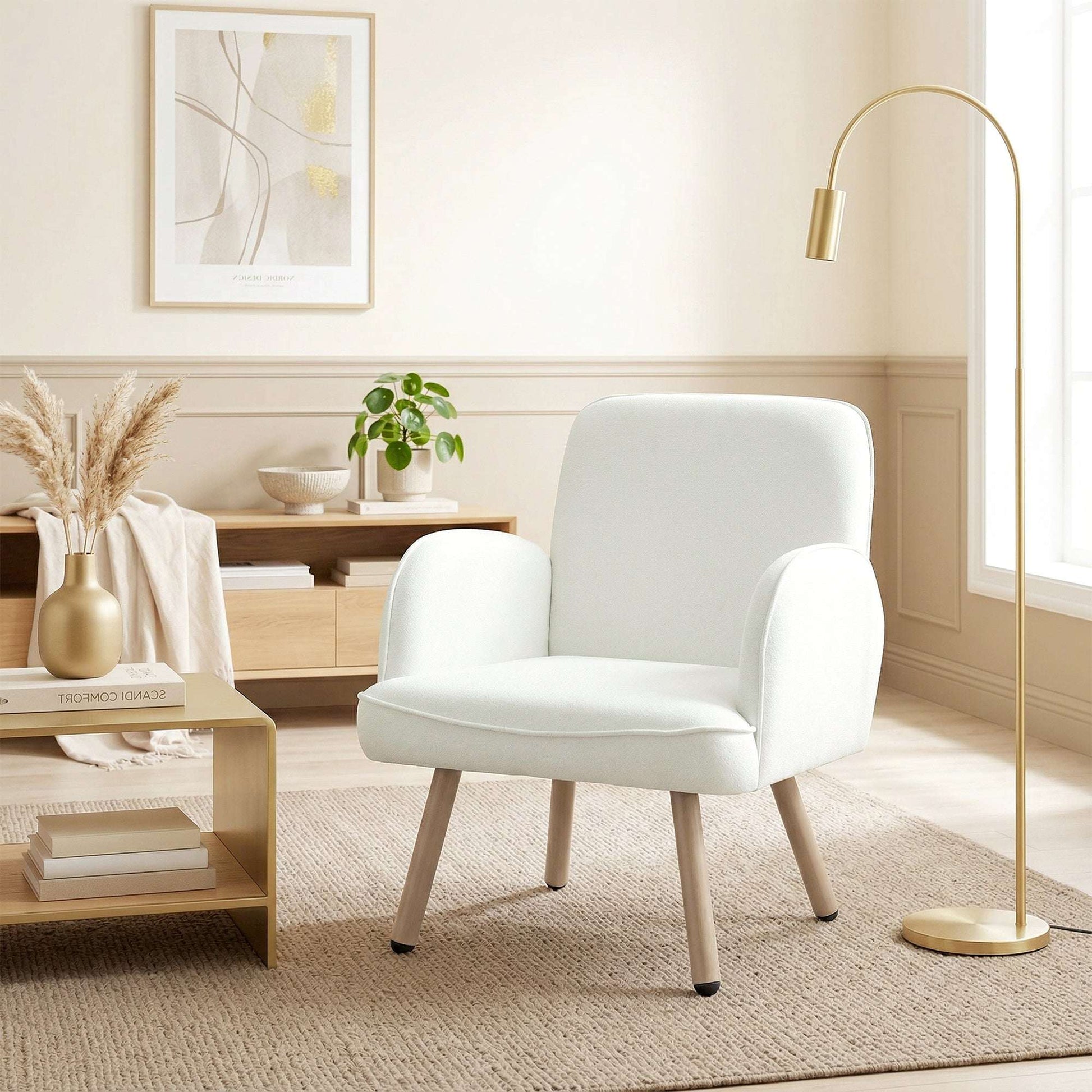 Velvet Upholstered Accent Armchair | 12.5cm Pocket Spring Seat | Carbon Steel Frame | Adjustable Feet | 120kg Capacity | 64x64x79.5cm | Cream