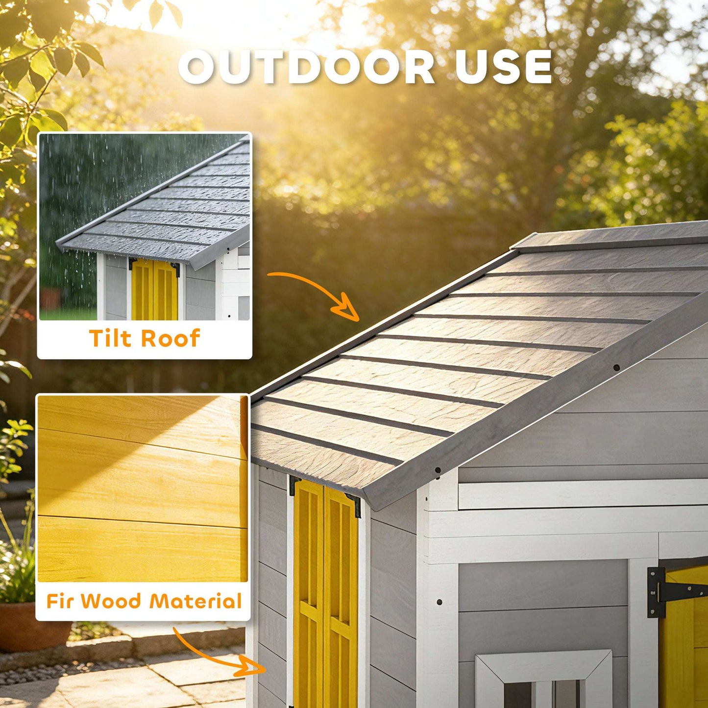 Solid Fir Wood Kids Outdoor Playhouse | Openable Windows | Planter Boxes & Plant Pots | Sloped Roof | EN71 Certified | Ages 3-8 | 135x114x126cm | Grey Yellow & White