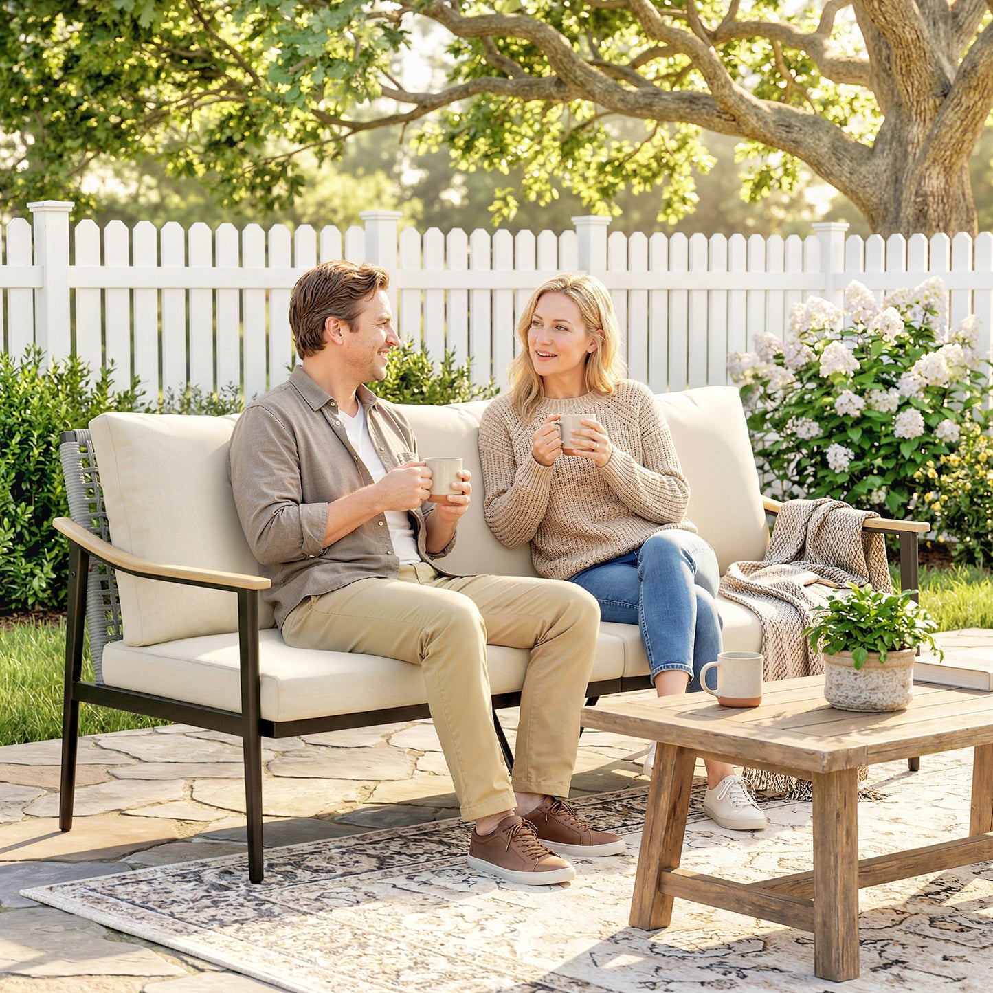 3 Seater Rattan Garden Sofa | Wood-Effect Armrests | Cut-Out PE Wicker Backrest | 8cm Seat & 12cm Back Cushions | Tapered Legs | Steel Frame | 360kg | 176x75x78cm | Khaki
