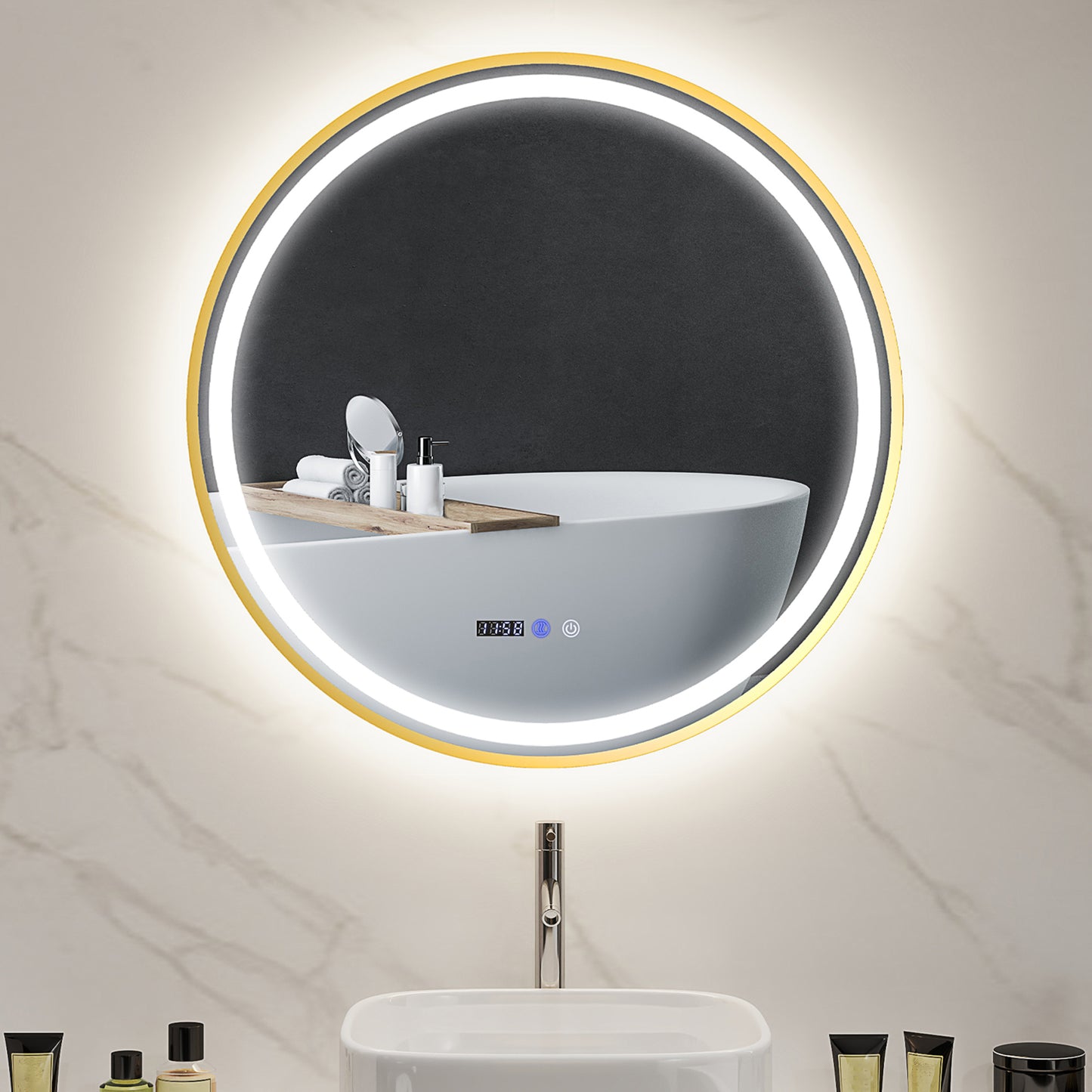 Round Bathroom Mirror with LED Lights, 800mm Backlit Illuminated Bathroom Mirror, Dimmable Wall Mounted Vanity Mirror with Demister Pad, Touch Switch, Gold Tone