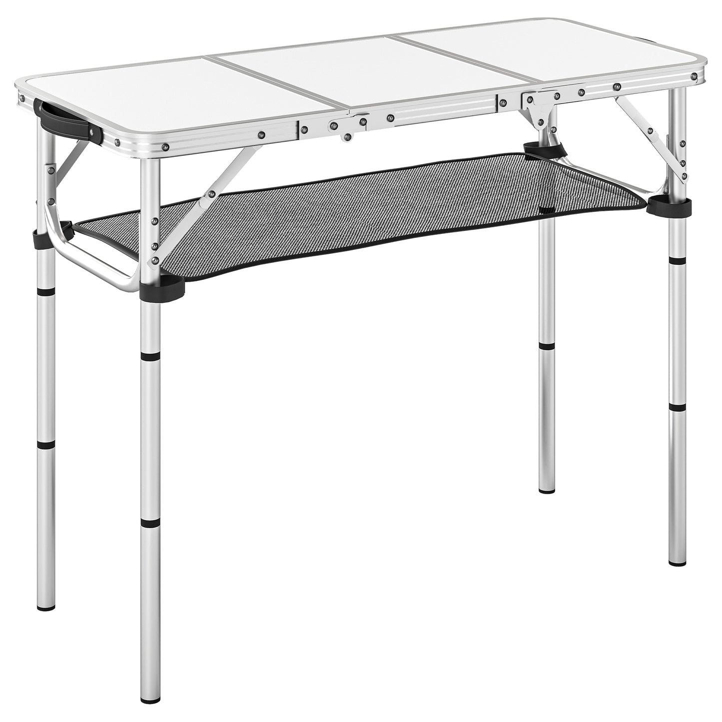 3ft Folding Camping Picnic Table | Tri-Fold | 90x40cm | Water Repellent MDF Top | Mesh Storage Layer | Carry Bag | 35kg | Cream White