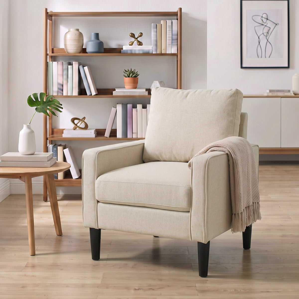 Accent Armchair | Cream, Grey & Green Linen-Look Chair with Spring Seat and Removable Pillow