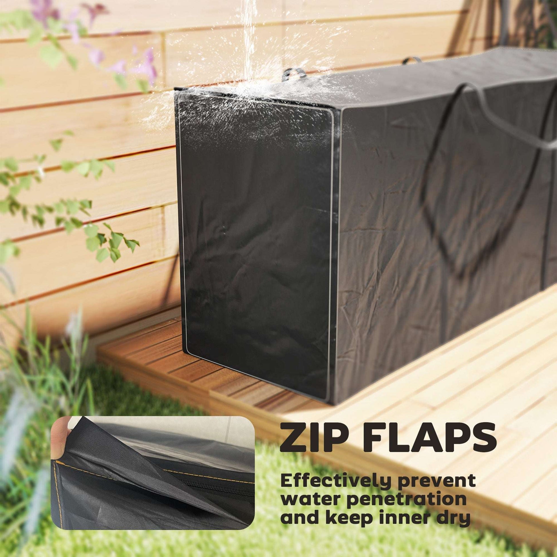 720L Garden Cushion Storage Bag | 600D Oxford PU Coated | 2000mm Waterproof & UPF30+ | Two-Way Zip with Flaps | 2 Handles | Folds Flat | 100kg Max Load | 175x55x75cm | Black