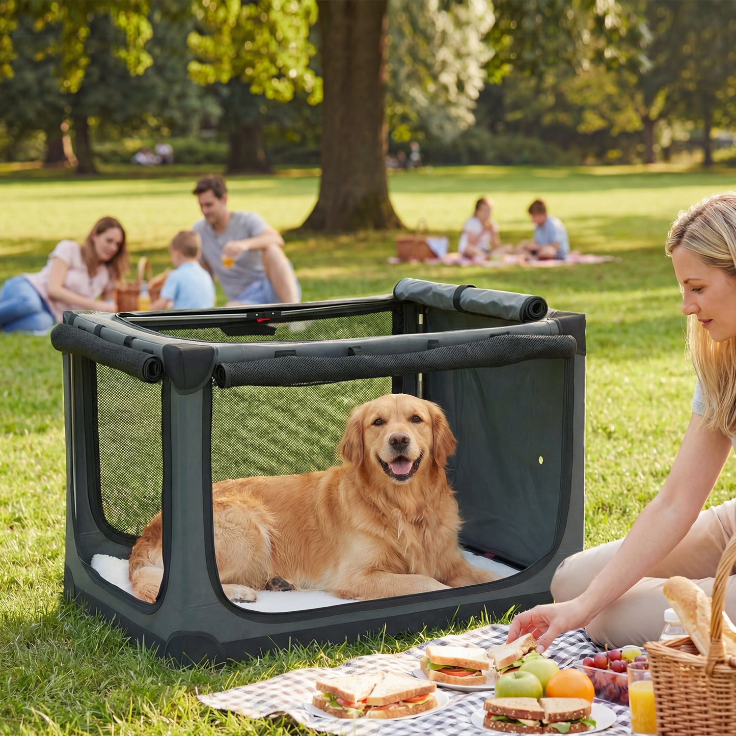 Large Soft Dog Crate | Pop-Up 8-Rod Frame | 3-Sided Mesh | Full-Zip Closure | Removable Washable Pad | Folds to 64 x 27 x 25cm | Dogs up to 30kg | Army Green