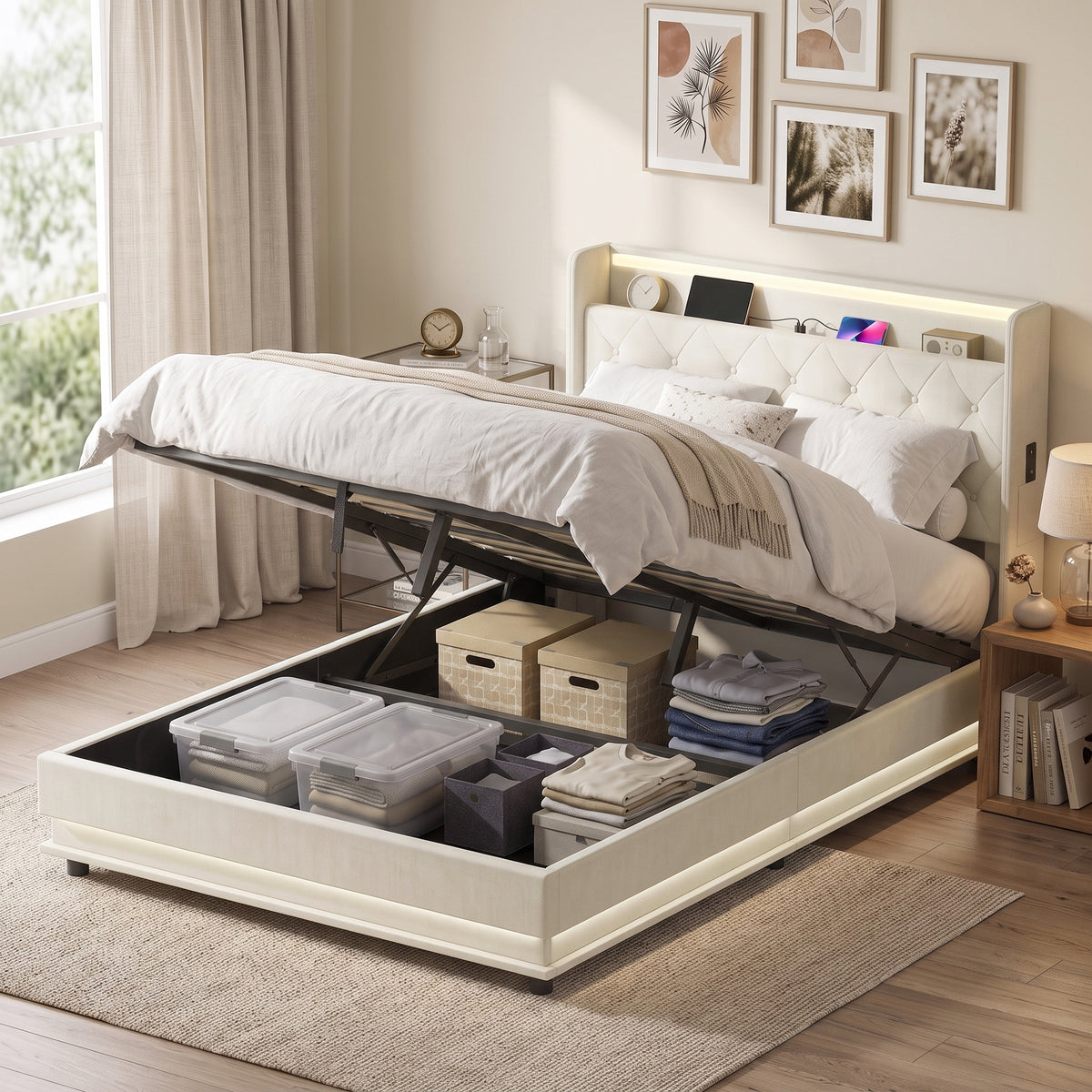 4ft6 Double Ottoman Bed Frame | Hydraulic Storage, RGB LED Headboard Lights & USB Charging | Cream White or Black