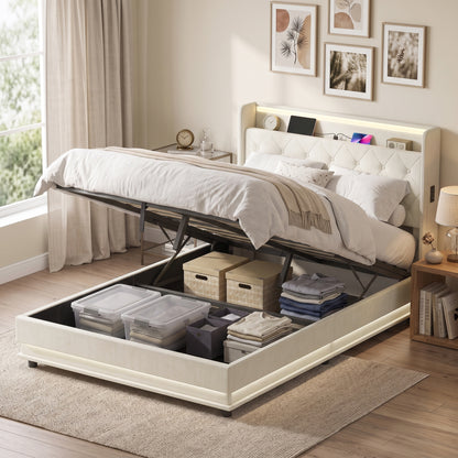 4ft6 Double Ottoman Bed Frame | Hydraulic Storage, RGB LED Headboard Lights & USB Charging | Cream White or Black