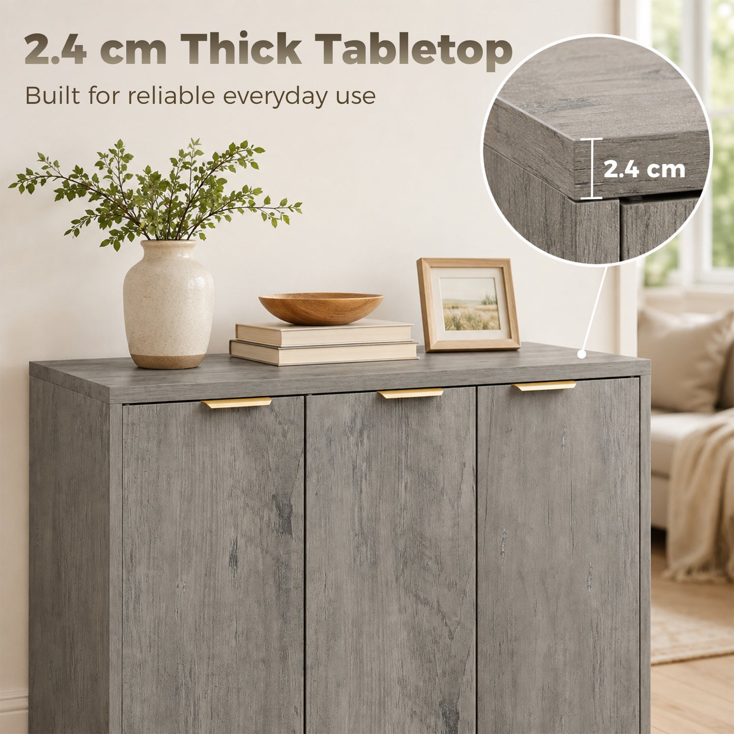 Modern Sideboard Cabinet | 3 Doors | Adjustable Shelves | Gold Handles | Anti-Tip Kit | 40kg | Living Room & Dining Room | Grey