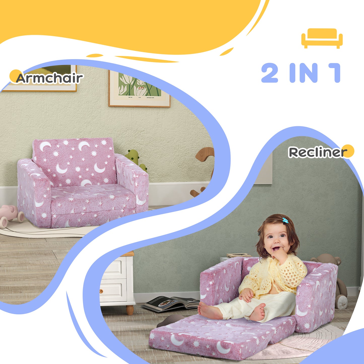 AIYAPLAY 2 in 1 Kids Foldable Chair with Glow in The Dark Stars Moon Design, Washable Cushion and Cover - Pink