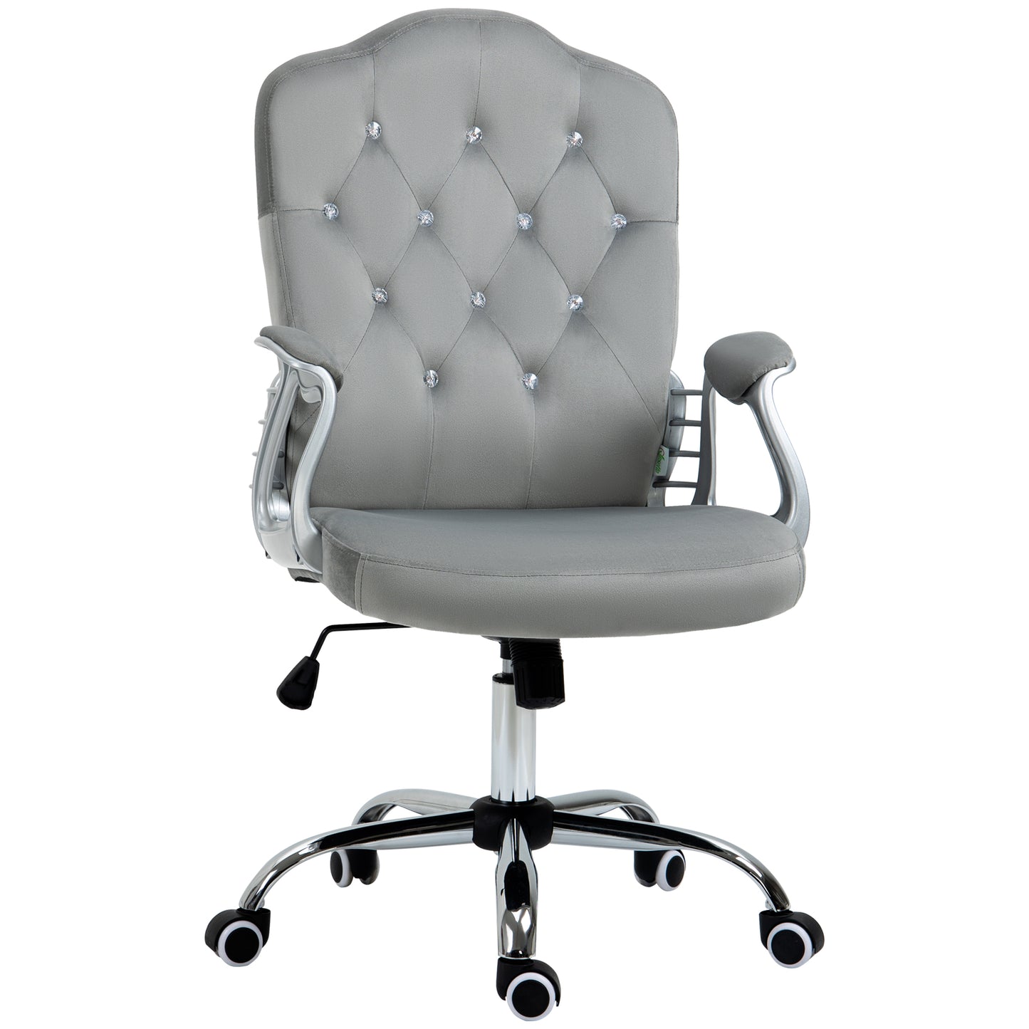 Glamour Velvet-Feel Office Chair | Diamante Back | Thick Padding | Adjustable Tilt | Armrests | 5 Wheels | Height Adjustable 47-57cm | 120kg | Grey