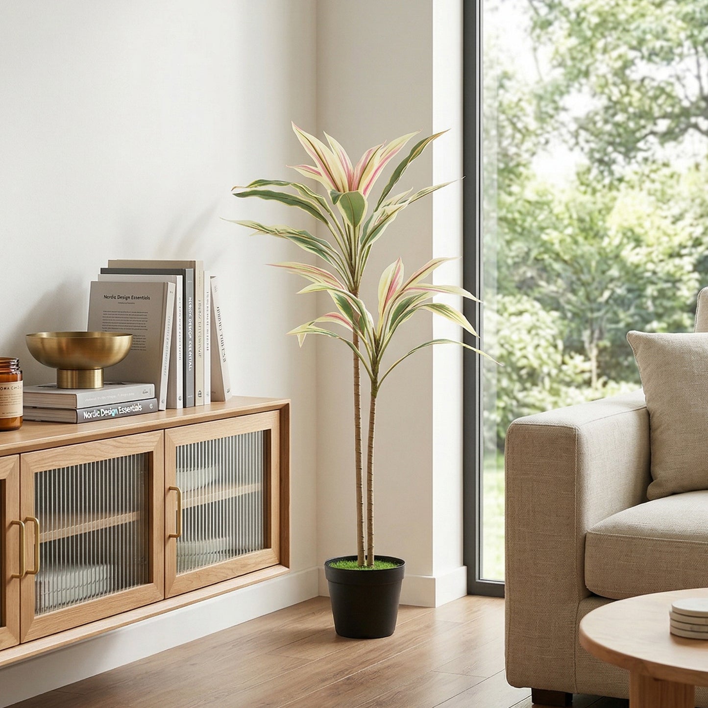 Artificial Cordyline Tree | 90cm | 29 PEVA Leaves | Soft-Touch | Moss Effect Base | Cement Pot | Shapeable | No Maintenance
