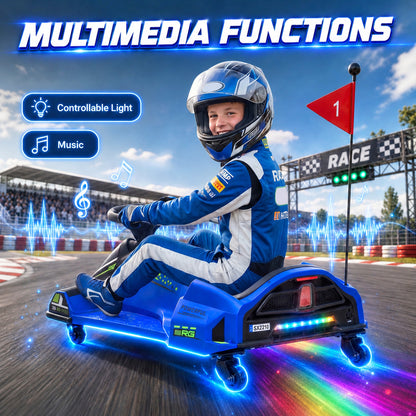 12V Kids Electric Drift Go-Kart | 2 Speeds, 3–8km/h, Soft Start & 7Ah Battery | Colourful LED Lights & Music | Blue | Ages 8–12, Max 50kg