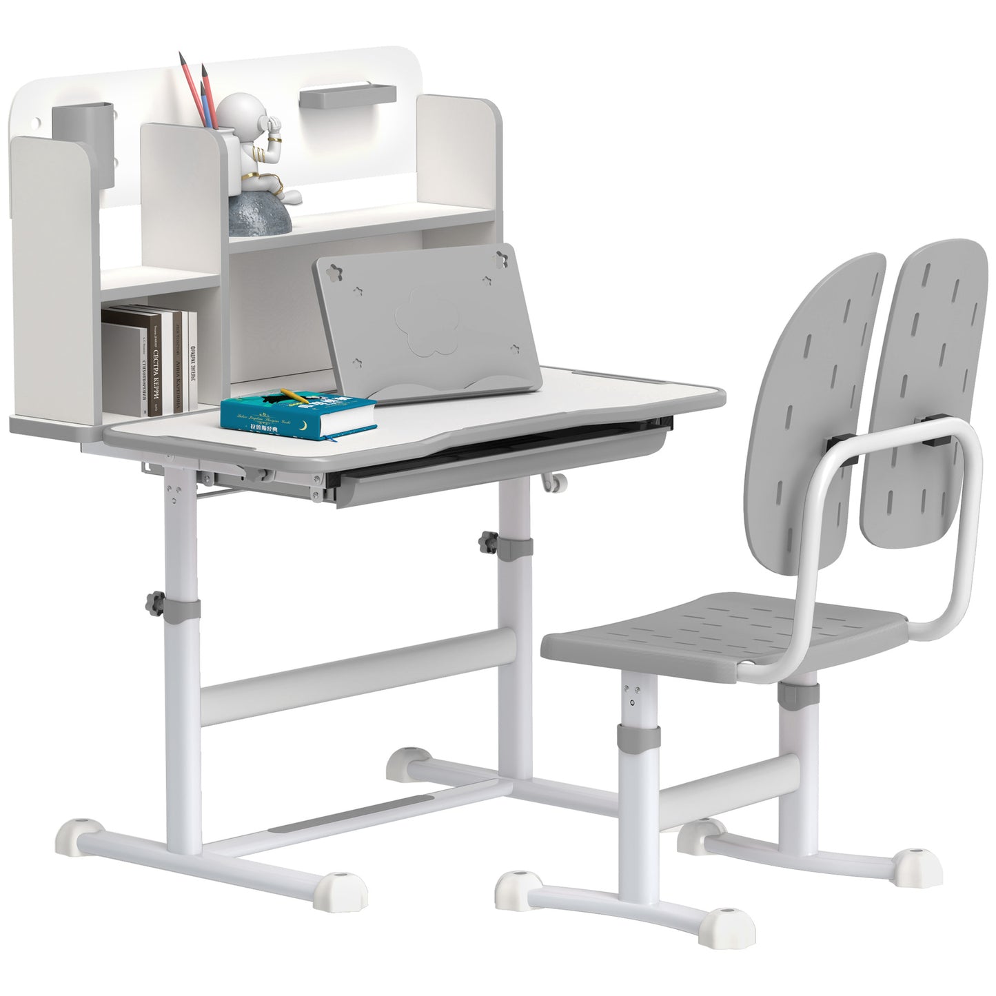 AIYAPLAY Height Adjustable Kids Desk and Chair Set, Children School Study Desk with Tiltable Desktop, Reading Rack