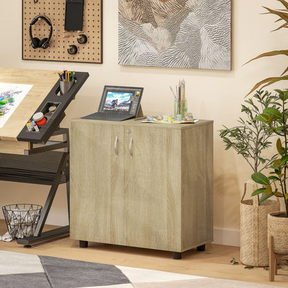 2 Tier Locking Office Storage Cabinet | 80x40x80cm | 2 Hinged Doors | Inner Shelf | 2 Keys | Anti-Slip Feet | Flat Top | 20kg | Oak