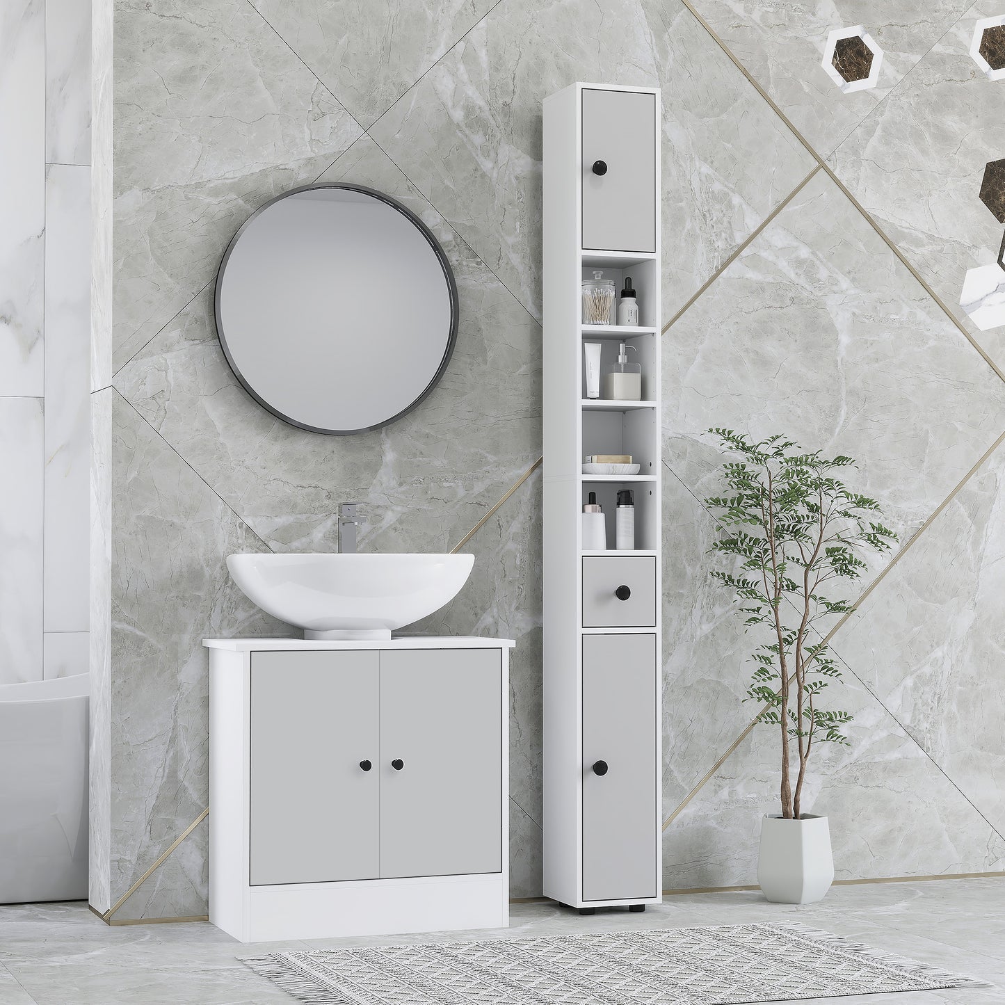 Kleankin 180cm Slim Bathroom Cabinet, with Drawer, Shelves and Cupboards - Light Grey