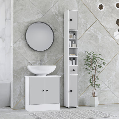 Kleankin 180cm Slim Bathroom Cabinet, with Drawer, Shelves and Cupboards - Light Grey