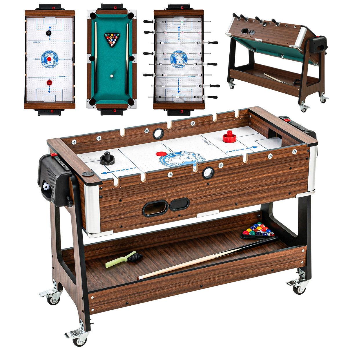 3 in 1 Multi Game Table | Pool | Air Hockey | Football | 3.4ft | Lockable Wheels | Storage Shelf | Walnut Effect