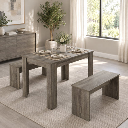 3 Piece Dining Table & 2 Bench Set | 110 x 70cm Table | Tuck-Under Seating for Up to 4 | Grey Wood Effect