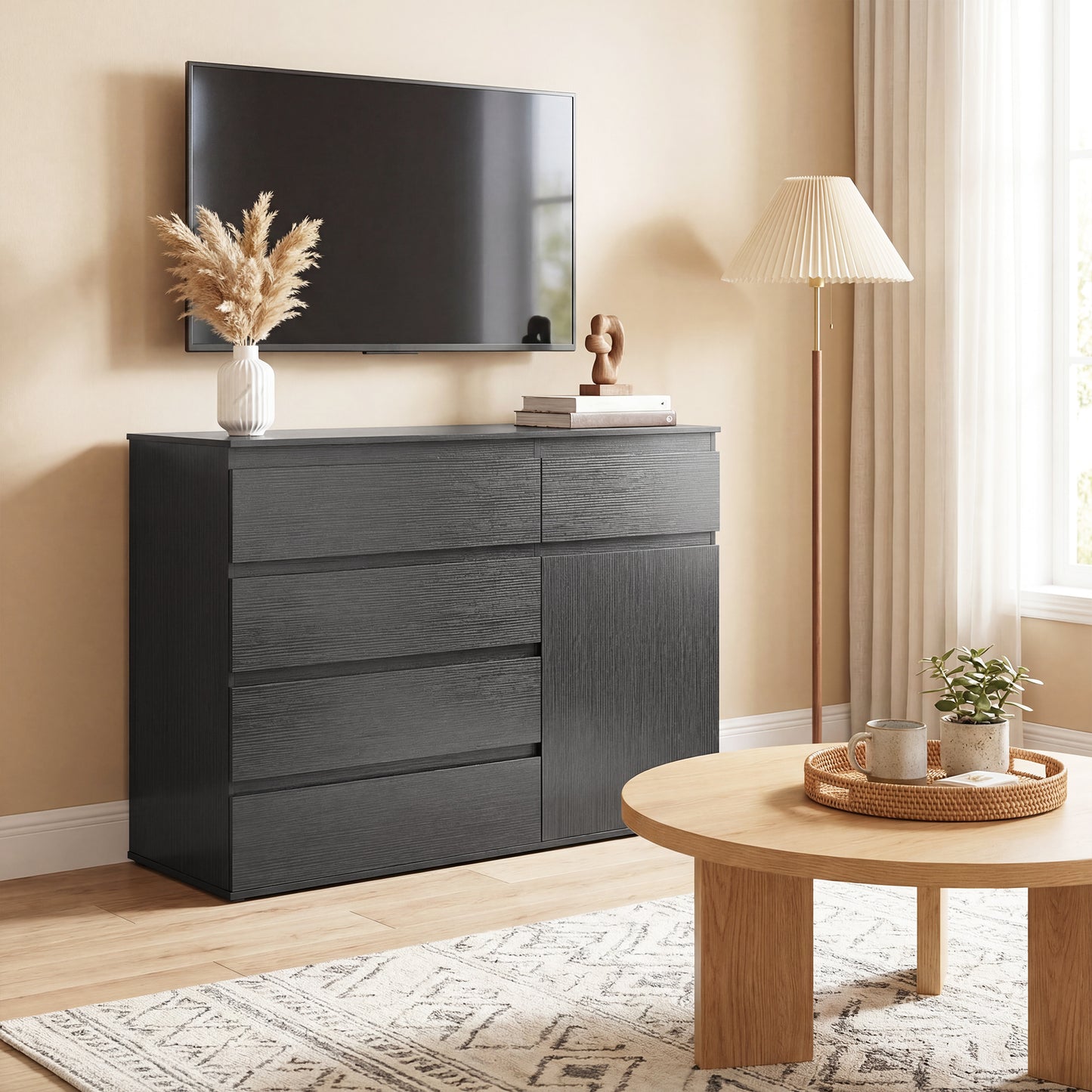 Modern Sideboard, Sideboard Storage Cabinet with 5 Drawers, Adjustable Shelf, Soft-Close Door, Black / White