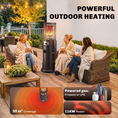 11kW Gas Patio Heater | 30m² Coverage | Propane & LPG | Pulse Ignition | Stepless Control | 45° Tilt Shutoff | Metal Mesh Guard | 2 Wheels | Pre-Drilled Stake Holes | 52x46x137cm | Black