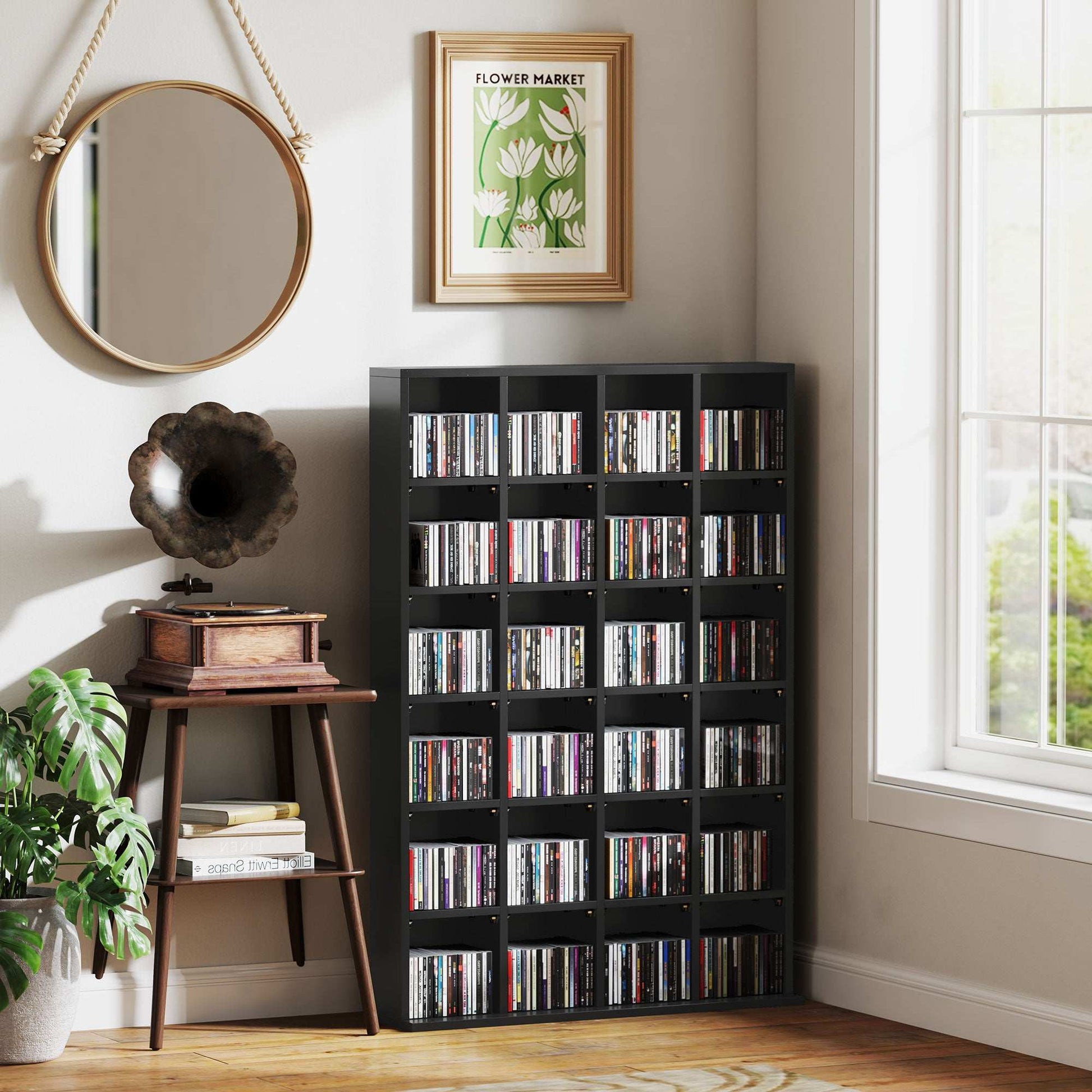 CD Storage Unit with Adjustable Shelves, 89 x 130.5 cm, Black