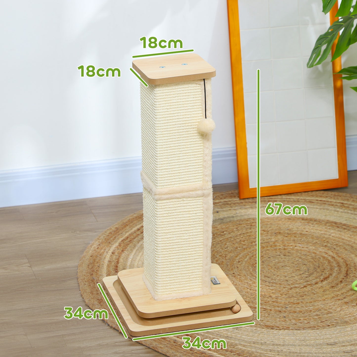 PawHut 3 in 1 Cat Scratching Post, 67cm Cat Scratcher w/ Track Ball Toy, Oak