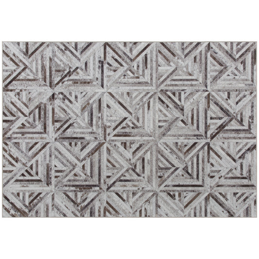 Modern Chenille Area Rug | Faux Leather Patchwork Print | Machine Washable | Non-Slip | Foldable | 170x120cm | Brown | Living Room Bedroom Dining Room Home Office