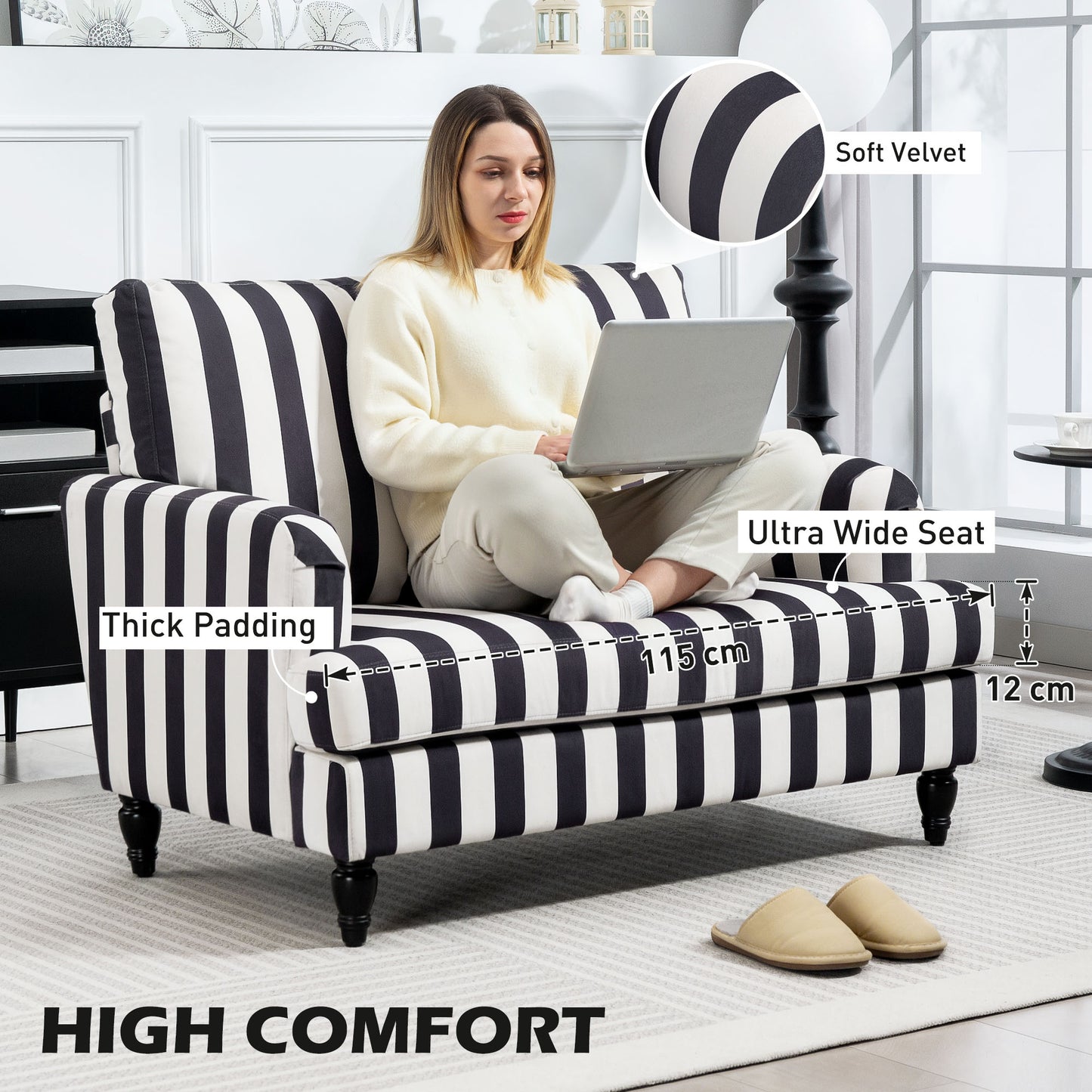 Modern Accent Chair, Velvet Single Sofa Armchair with Stripe, Turned Legs and Wide Seat, Upholstered Snuggle Chair for Living Room, Black and White