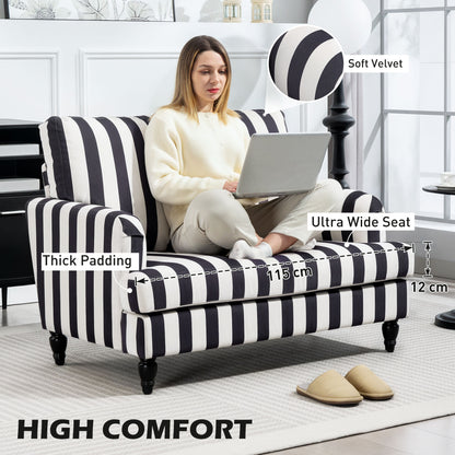 Modern Accent Chair, Velvet Single Sofa Armchair with Stripe, Turned Legs and Wide Seat, Upholstered Snuggle Chair for Living Room, Black and White