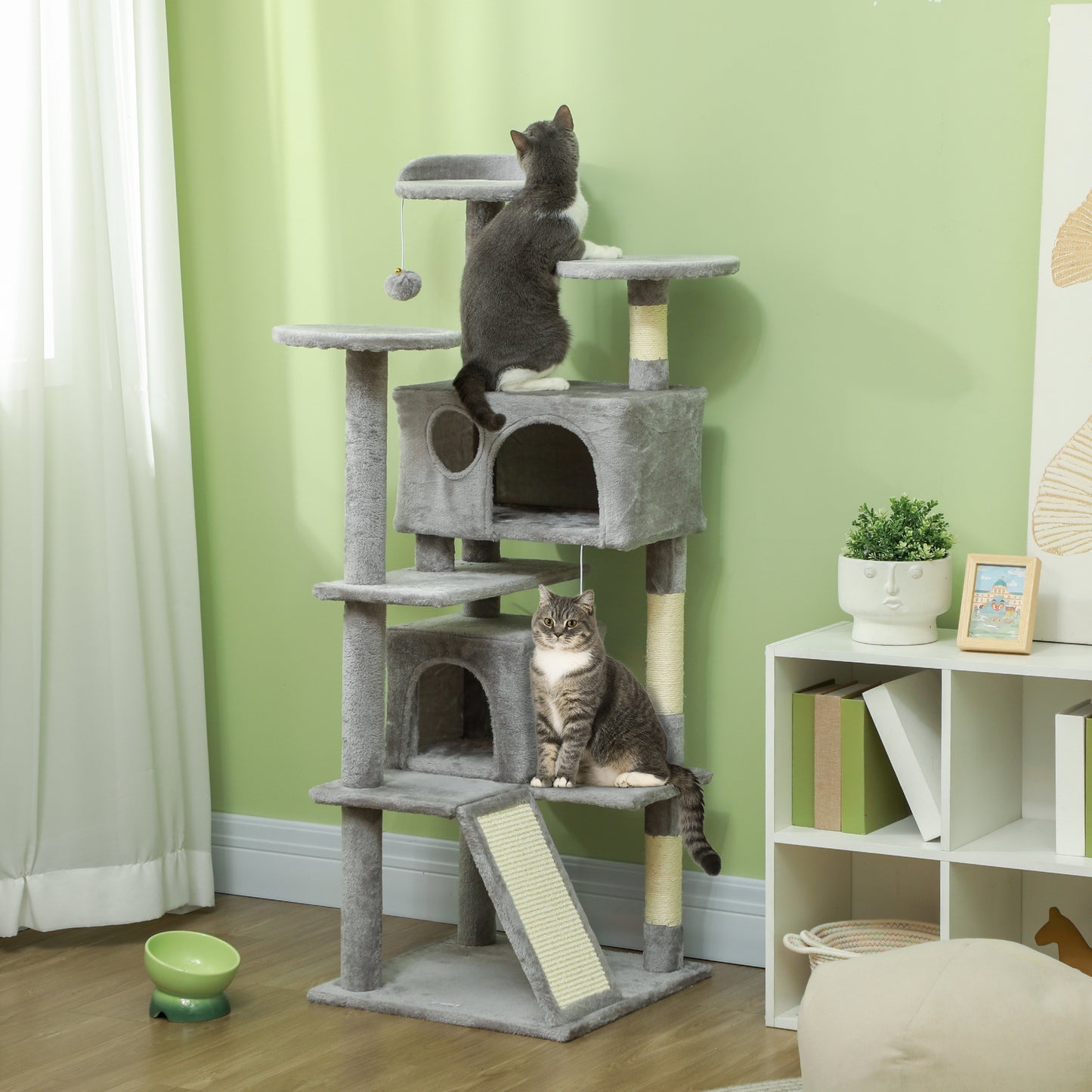 PawHut 138cm Cat Tree, Multi-Level Cat Tower with Scratching Posts and Pad, Bed, Condos, Platforms, Toy Balls, Light Grey