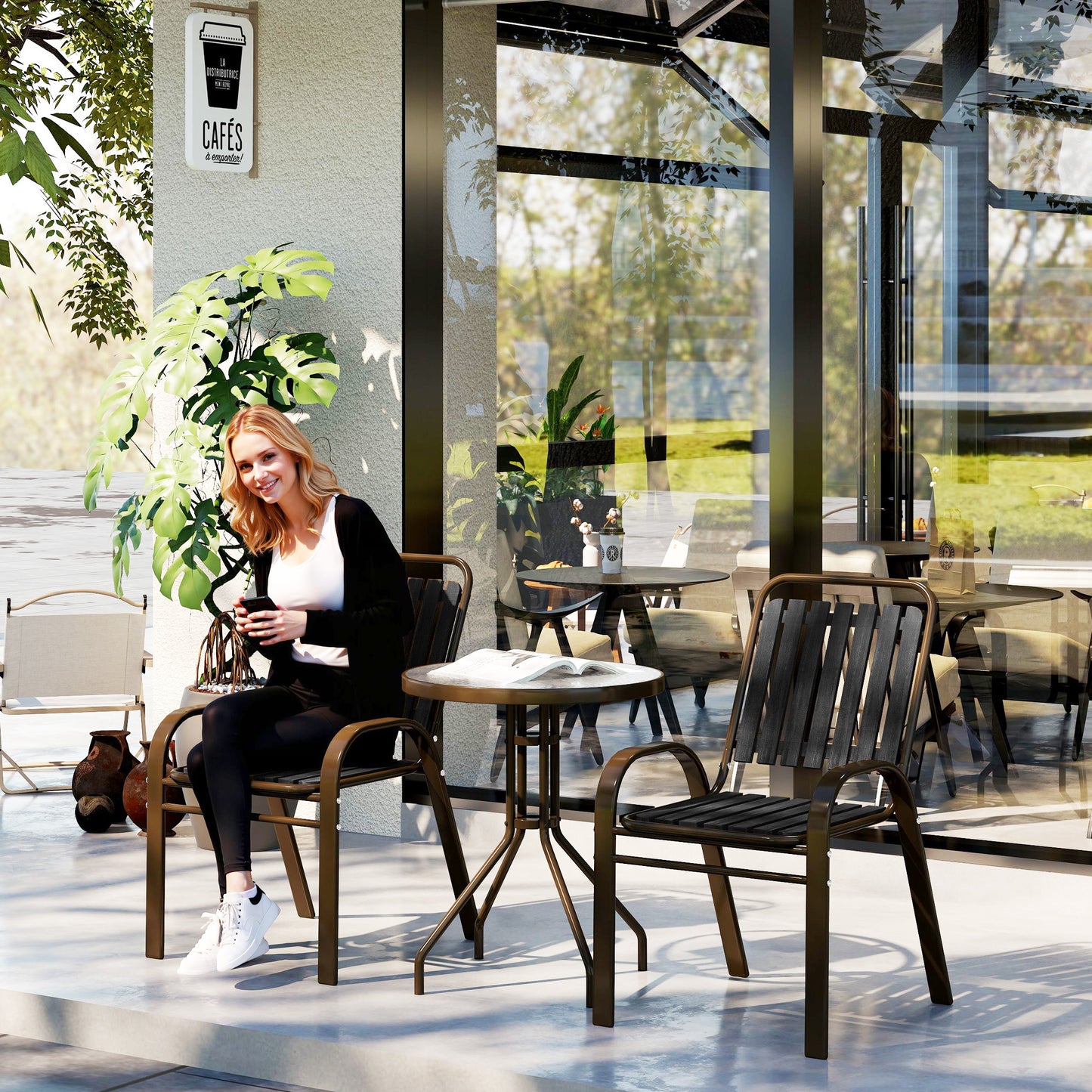 Outsunny 3 Pieces Patio Bistro Set with Stackable Chairs, Tempered Glass Table, for Outdoor, Balcony, Patio, Garden Charcoal Grey