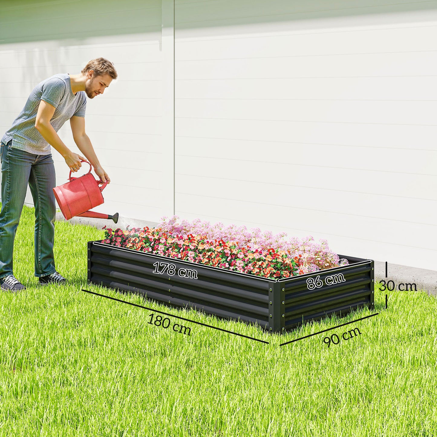 Large Galvanised Steel Raised Garden Bed | 459L | Open Bottom | Inner Support Bars | Powder-Coated Rust-Resistant | Easy Assembly | 180x90x30cm | Flowers Veg & Plants | Dark Grey