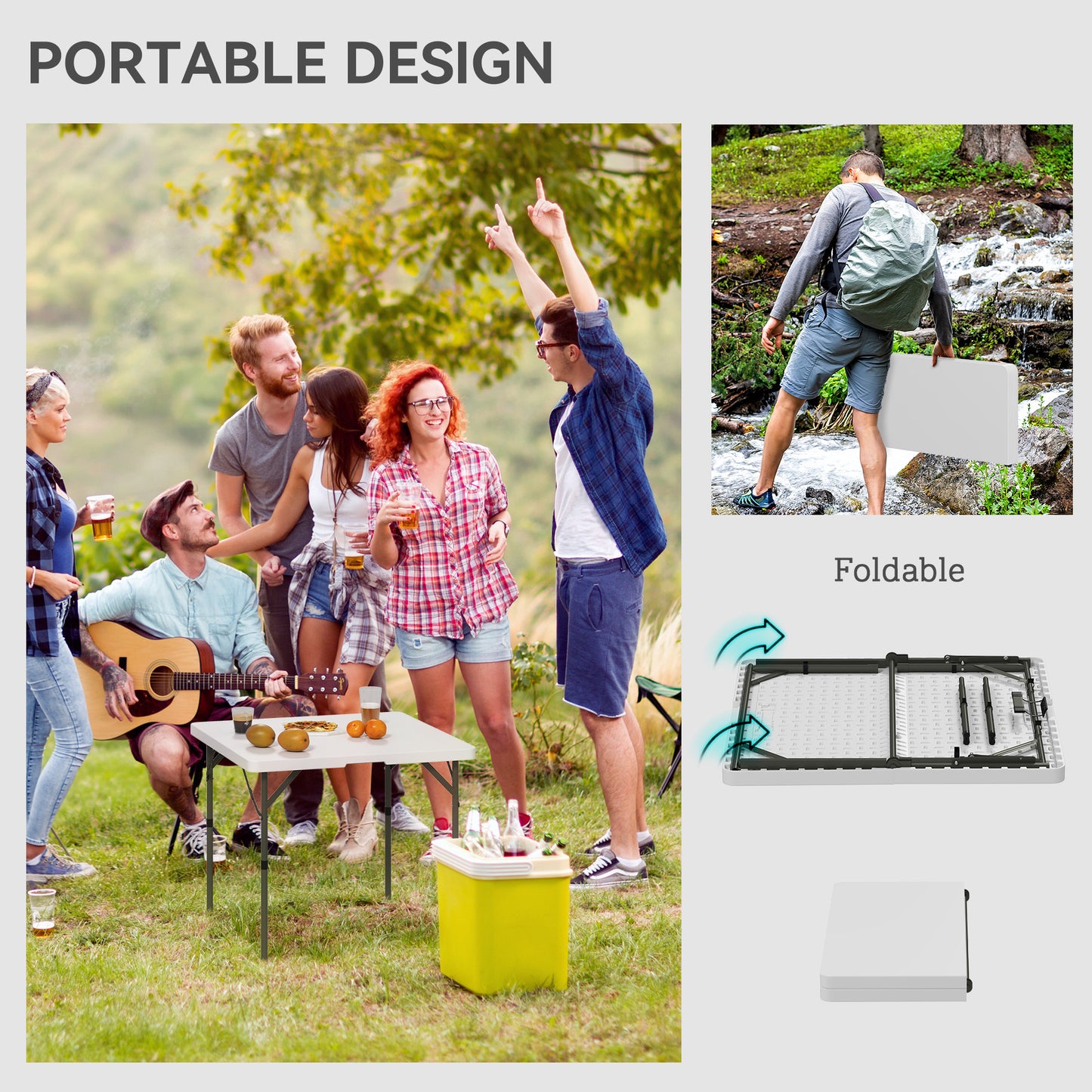 3ft Folding Camping Table, Heavy Duty Picnic Table with 2 Adjustable Height for Indoor Outdoor Garden, Party, BBQ, White