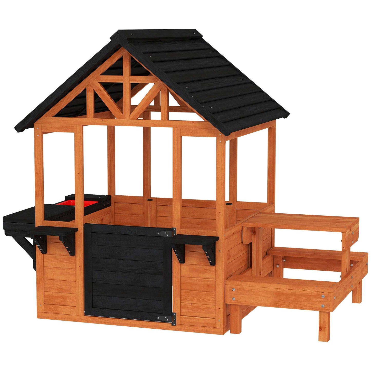 Wooden Kids Playhouse | Table & 2 Benches | Sink Basin | Flower Holders | Windows | Half-Door | 50kg | Ages 3-8 | Brown