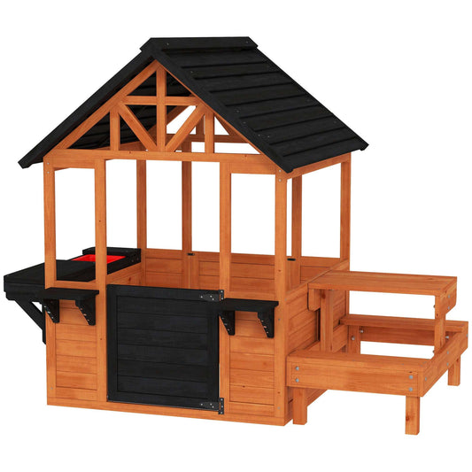 Wooden Kids Playhouse | Table & 2 Benches | Sink Basin | Flower Holders | Windows | Half-Door | 50kg | Ages 3-8 | Brown