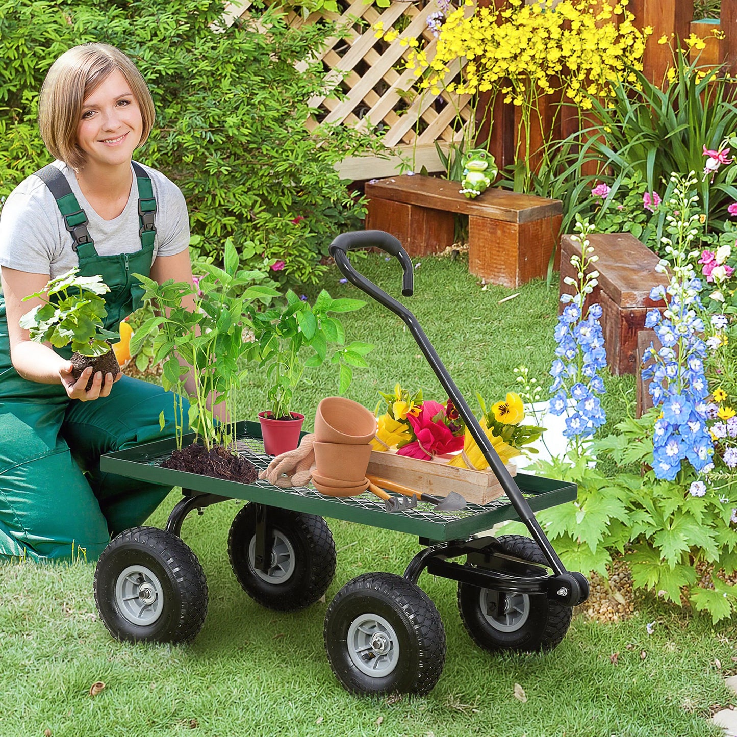 Outsunny Garden Trolley Cart, Heavy Duty Garden Cart with Metal Frame, 10" Pneumatic Wheels, Rotating Handle, 150kg Capacity, for Garden, Farm, Green