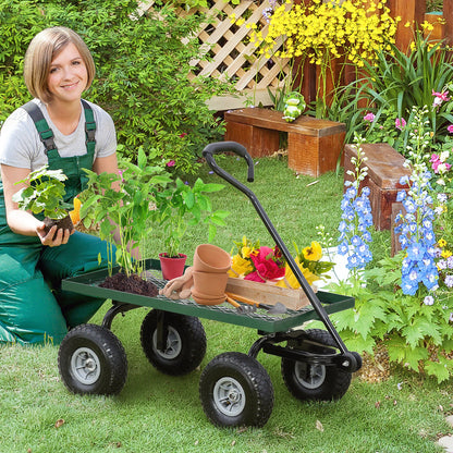 Outsunny Garden Trolley Cart, Heavy Duty Garden Cart with Metal Frame, 10" Pneumatic Wheels, Rotating Handle, 150kg Capacity, for Garden, Farm, Green