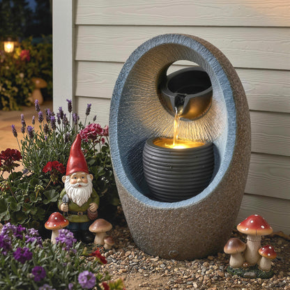 2-Tier Cascading Garden Water Fountain | LED Light | 3W Pump | 3m Cable | Resin | Grey