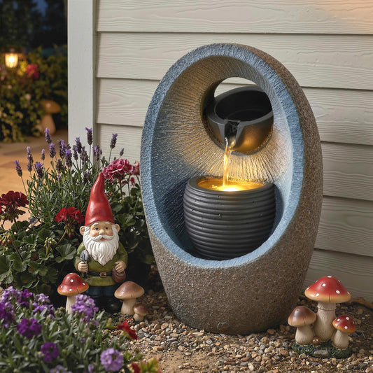 2-Tier Cascading Garden Water Fountain | LED Light | 3W Pump | 3m Cable | Resin | Grey
